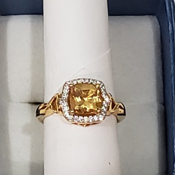 Brazilian Citrine Halo ring w/lab created White Sapphire accents in 14K YG/925 - Picture 4 of 6